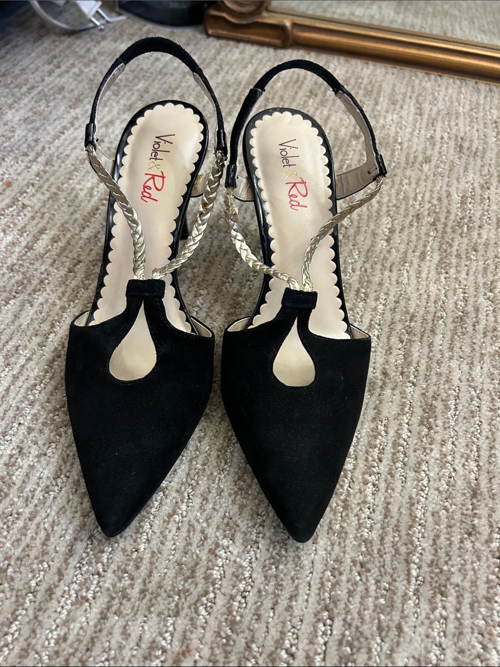 Violet Kay Black Pointed Slingback Heels with Braided Metallic Straps